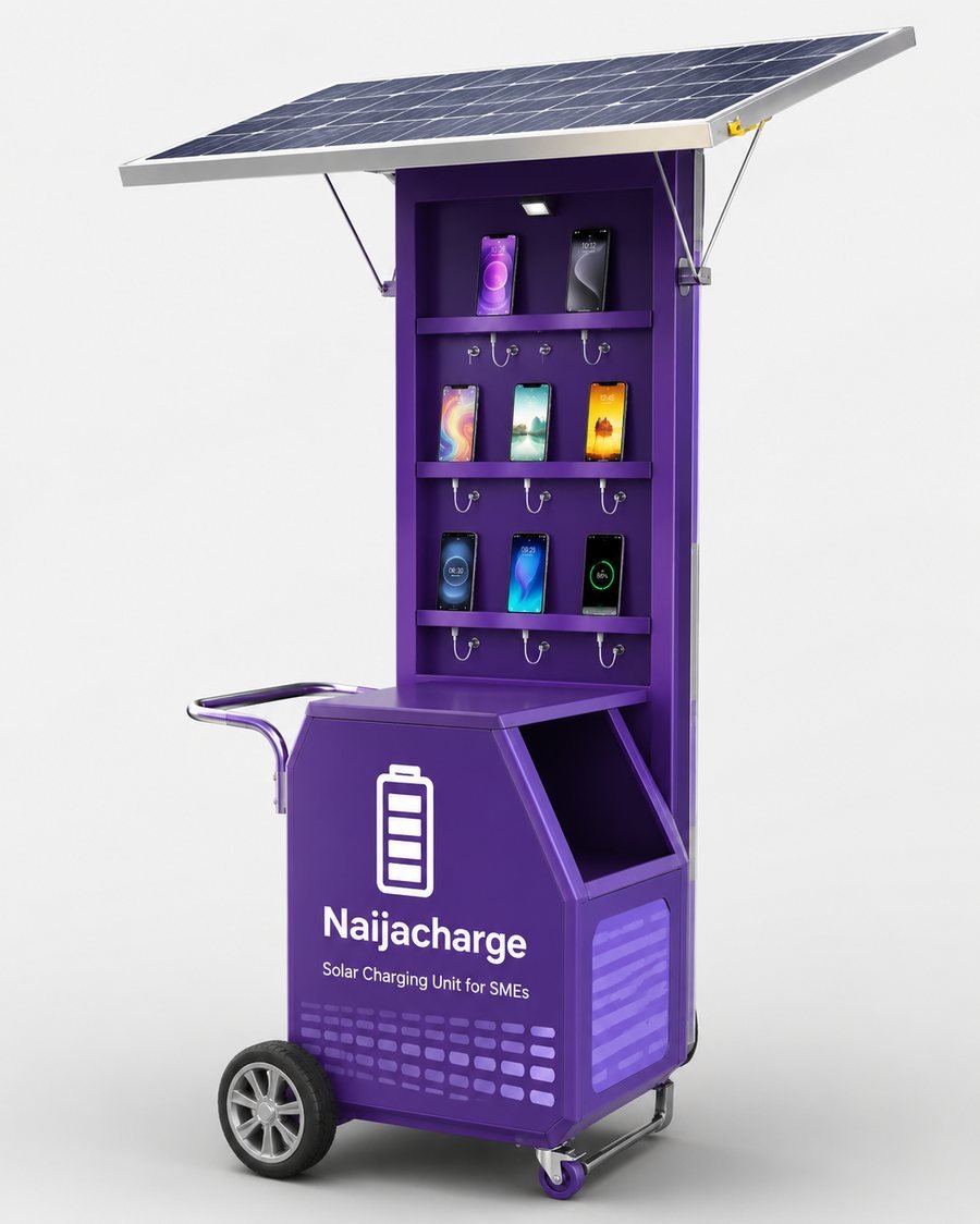 NaijaCharge mobile solar charging unit with phones charging on its shelves